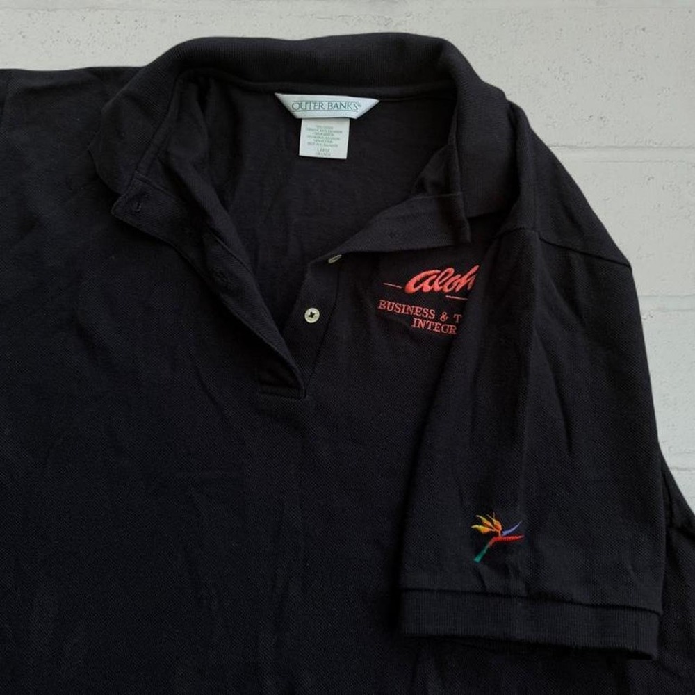 Vintage Aloha Airlines Corporate Polo Shirt Mens Large Outer Banks Black Pique